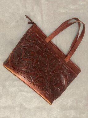 Alejandro Yeo Vintage Hand Tooled Leather Tote Western Floral Carved Brown Bag